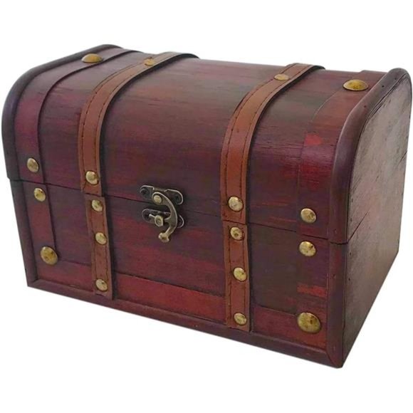 Wood and Leather Treasure Chest Box Decorative Storage Chest Box with Lock - Picture 1 of 7